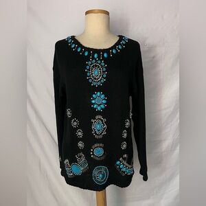 Studio Black Sweater with Turquoise Jewel Embellishments vintage